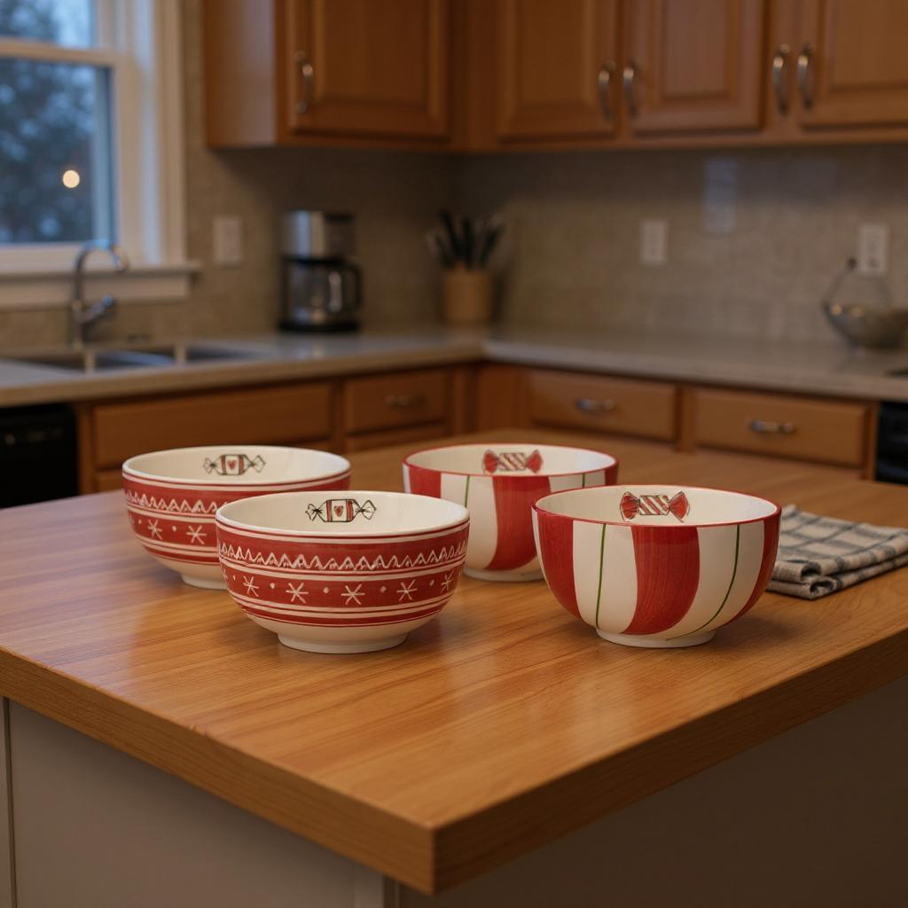 Set of Four 6 Red And White Ceramic Christmas Round Candy or Nut Bowls