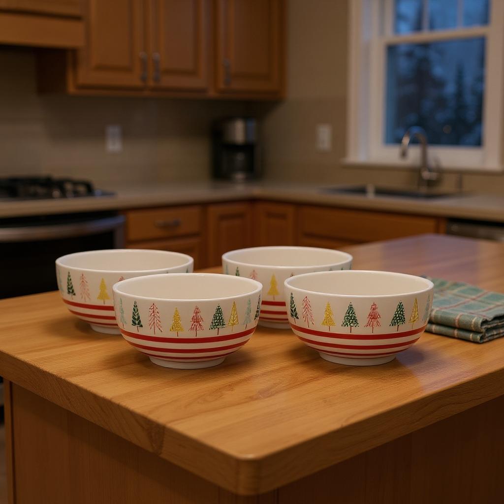 Set of Four 6 White Green And Red Ceramic Christmas Trees Round Candy or Nut Bowls