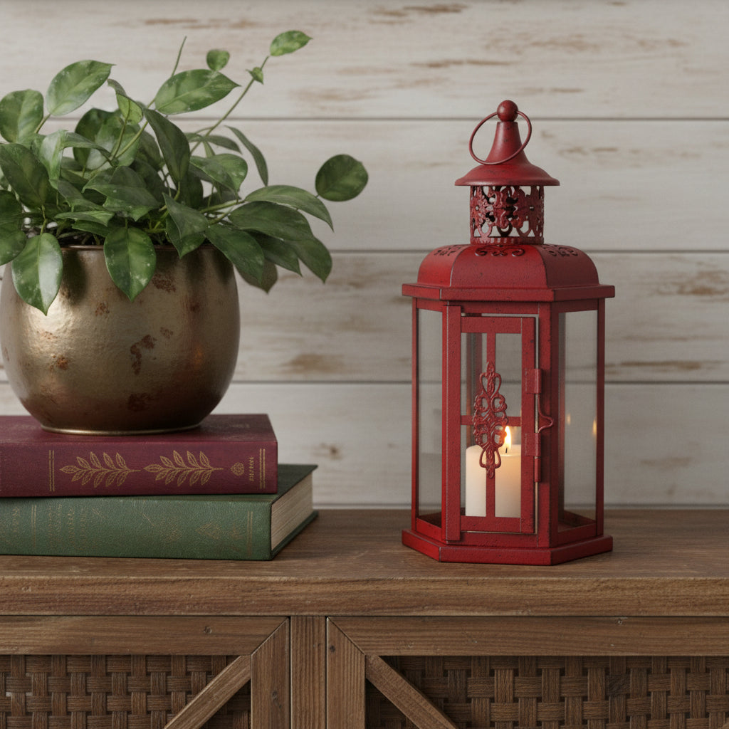 10 Red Distressed Filigree Metal Tabletop Lantern Candle Holder