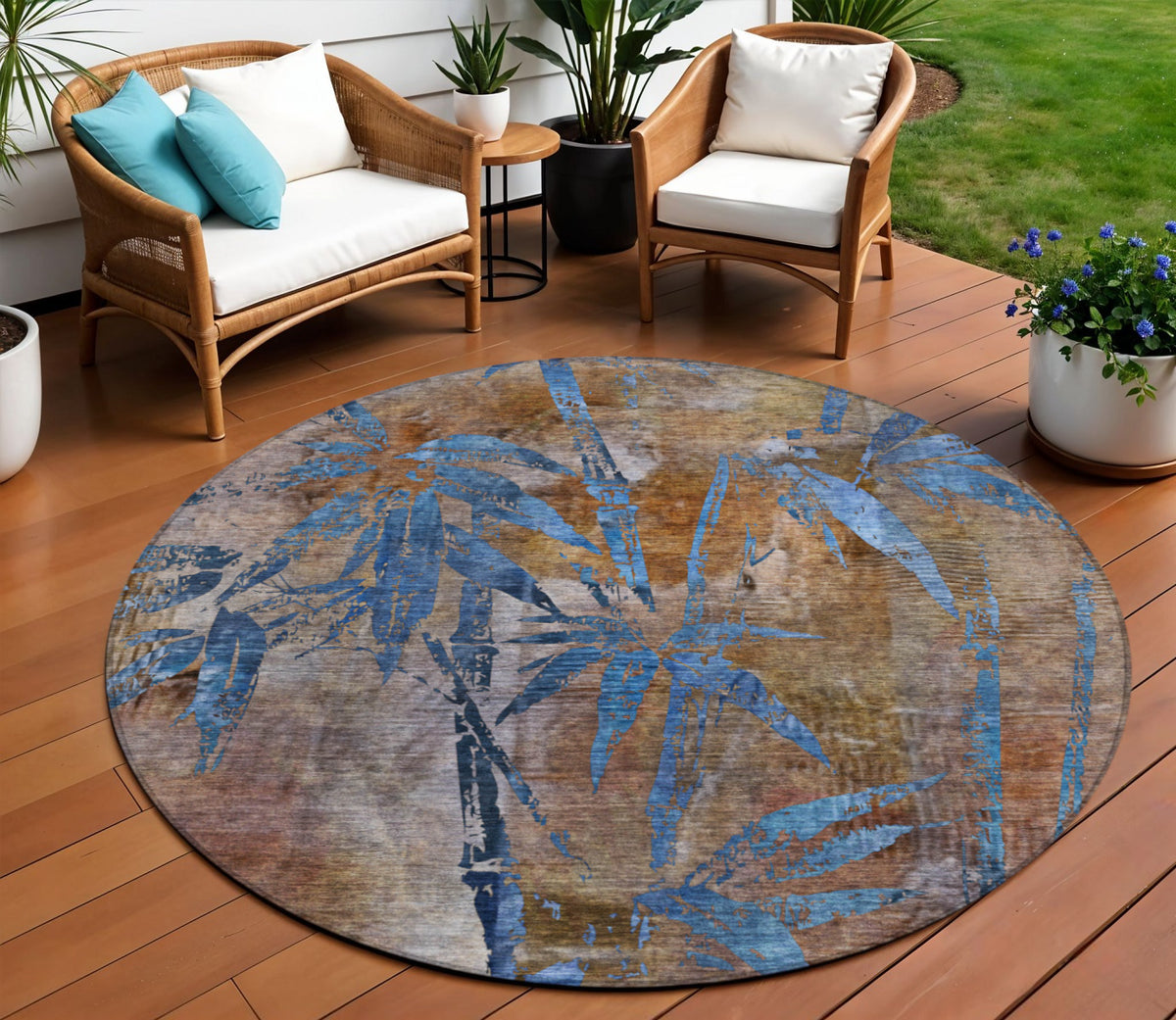 8 Brown And Blue Round Botanical Leaves Washable Indoor Outdoor Area Rug