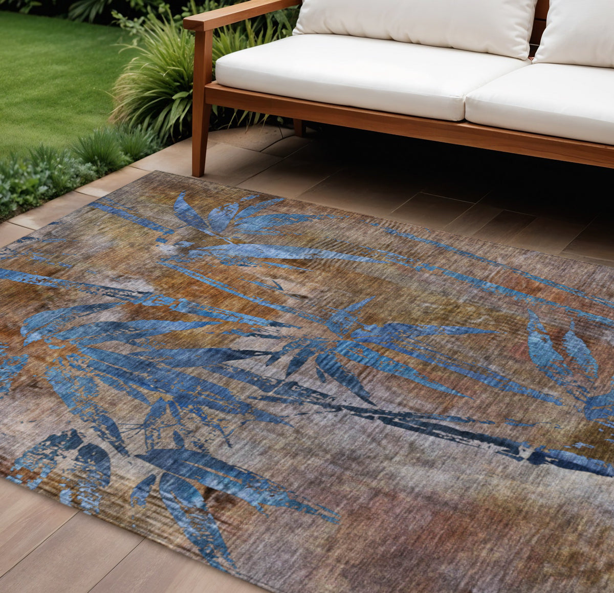 8 X 10 Brown And Blue Botanical Leaves Washable Indoor Outdoor Area Rug
