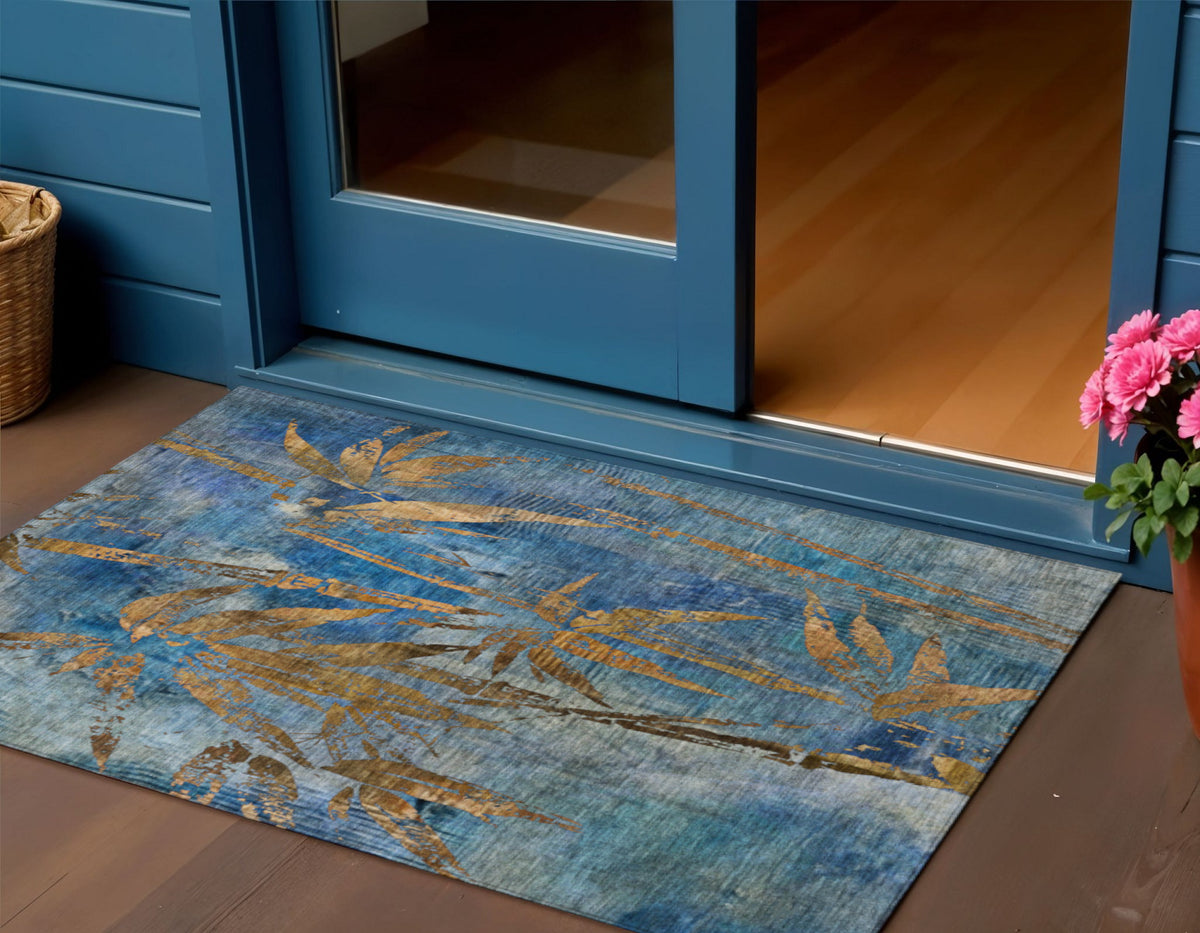 3 X 5 Blue And Brown Botanical Leaves Washable Indoor Outdoor Area Rug
