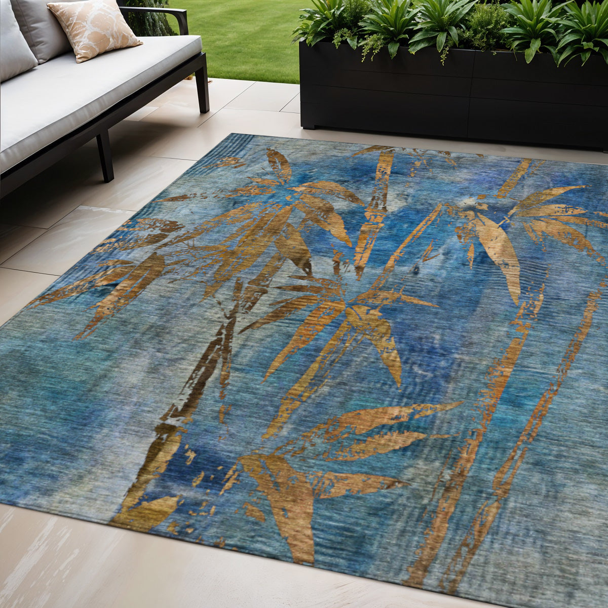 5 X 8 Blue And Brown Botanical Leaves Washable Indoor Outdoor Area Rug