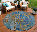 8 Blue And Brown Round Botanical Leaves Washable Indoor Outdoor Area Rug