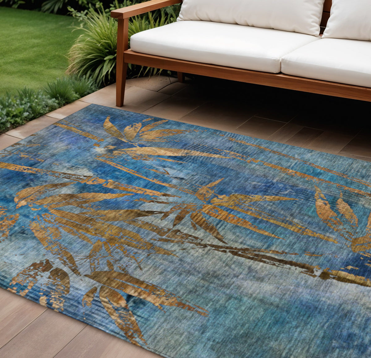 8 X 10 Blue And Brown Botanical Leaves Washable Indoor Outdoor Area Rug