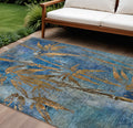 9 X 12 Blue And Brown Botanical Leaves Washable Indoor Outdoor Area Rug
