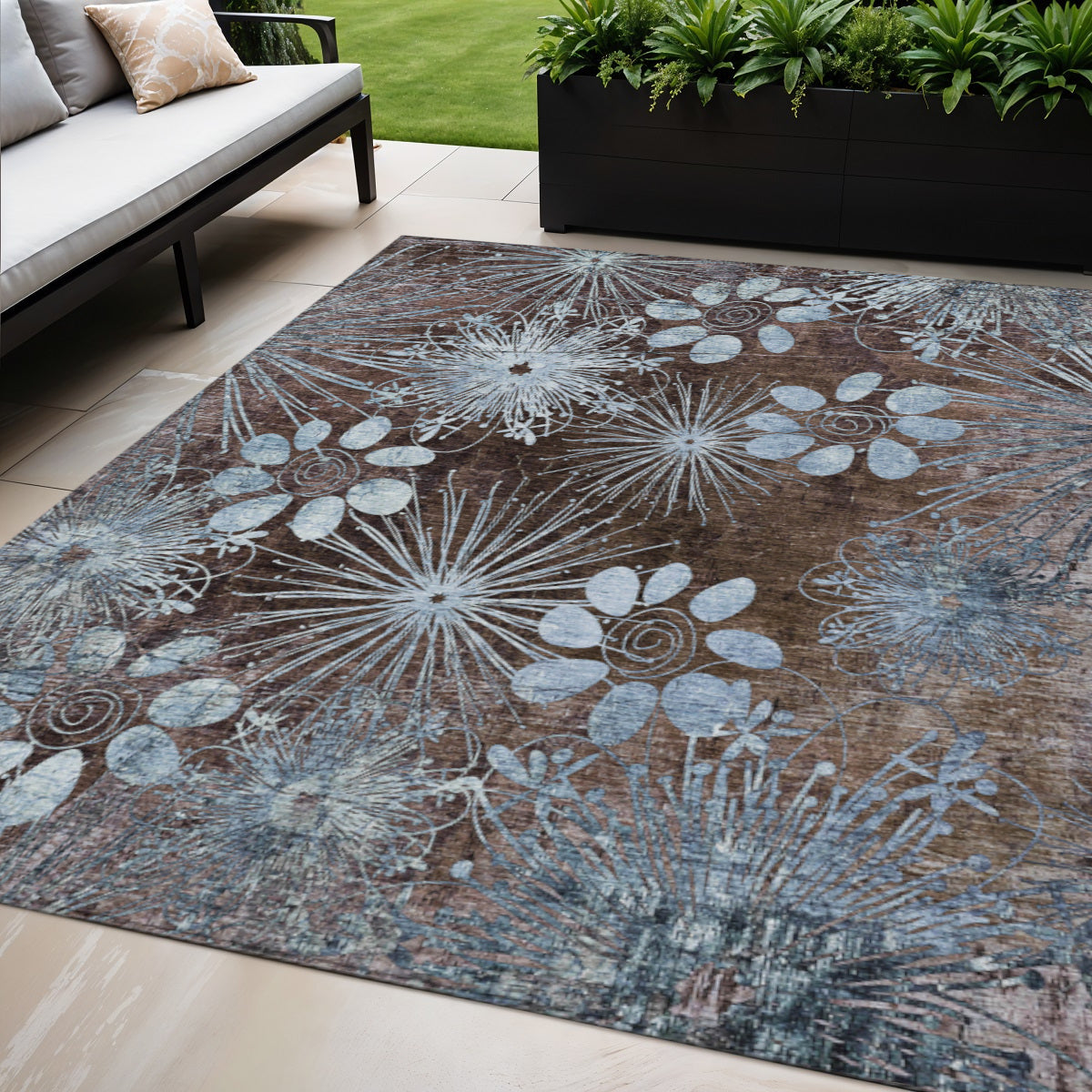 5 X 8 Brown And Sky Blue Floral Washable Indoor Outdoor Area Rug