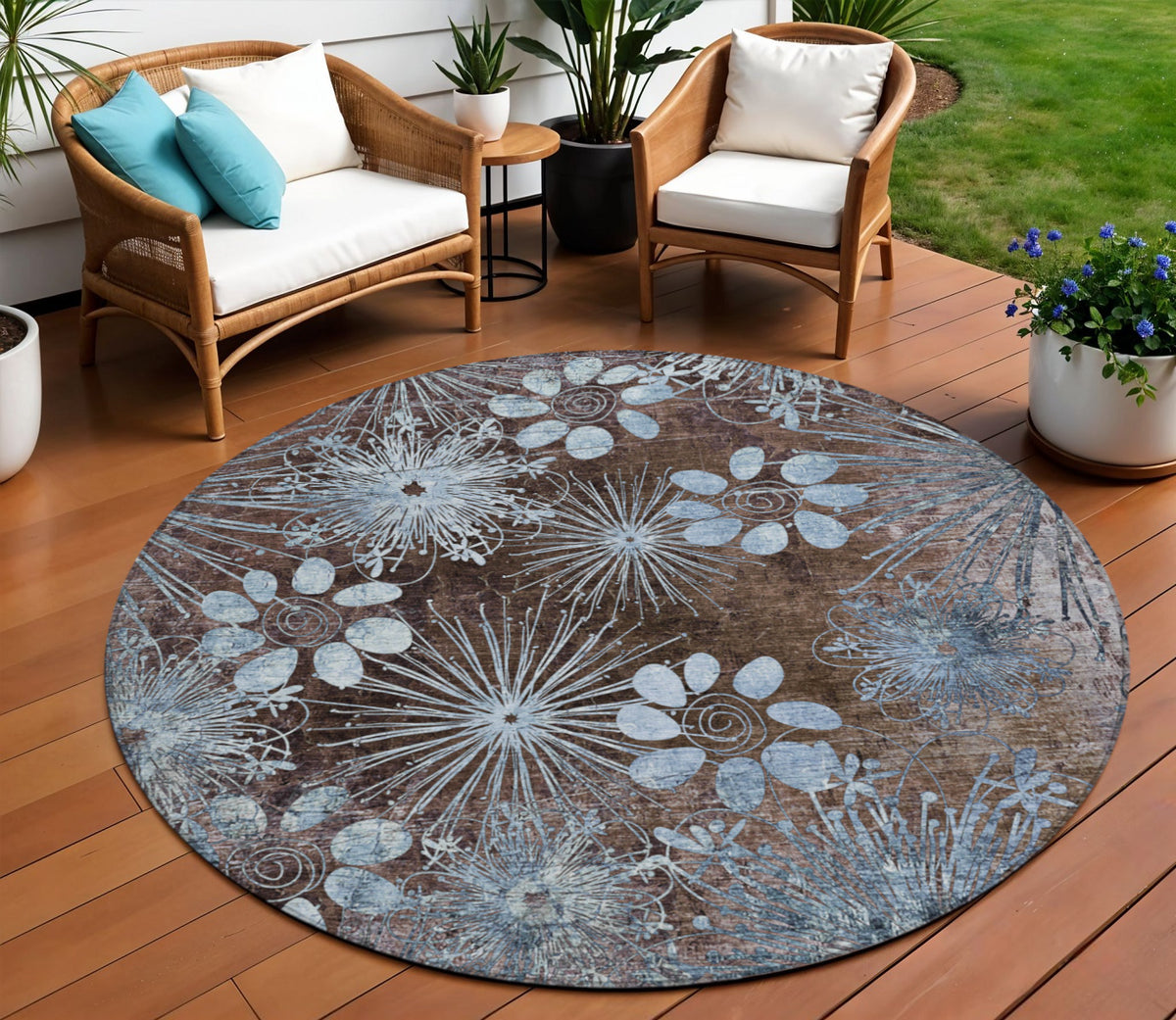 8 Brown And Sky Blue Round Floral Washable Indoor Outdoor Area Rug