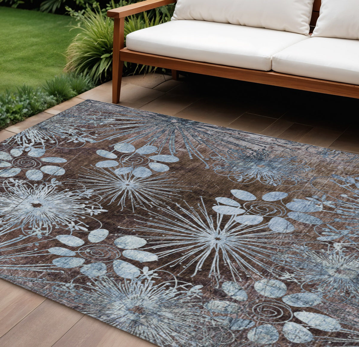 9 X 12 Brown And Sky Blue Floral Washable Indoor Outdoor Area Rug