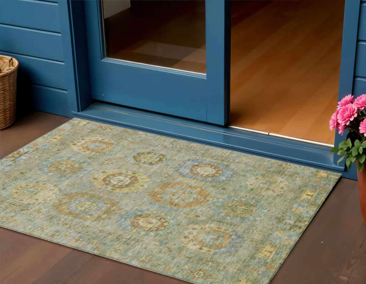 3 X 5 Artichoke Green Brown And Copper Medallion Washable Indoor Outdoor Area Rug
