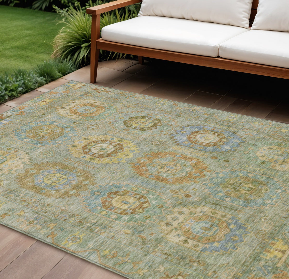 8 X 10 Artichoke Green Brown And Copper Medallion Washable Indoor Outdoor Area Rug