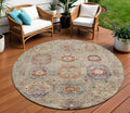 8 Beige Red And Blue Round Medallion Washable Indoor Outdoor Area Rug