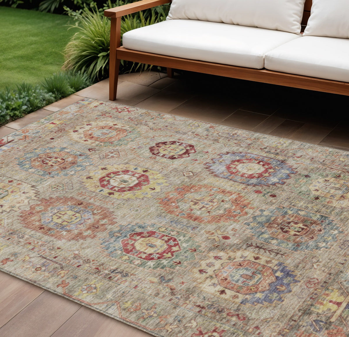 9 X 12 Beige Red And Blue Medallion Washable Indoor Outdoor Area Rug