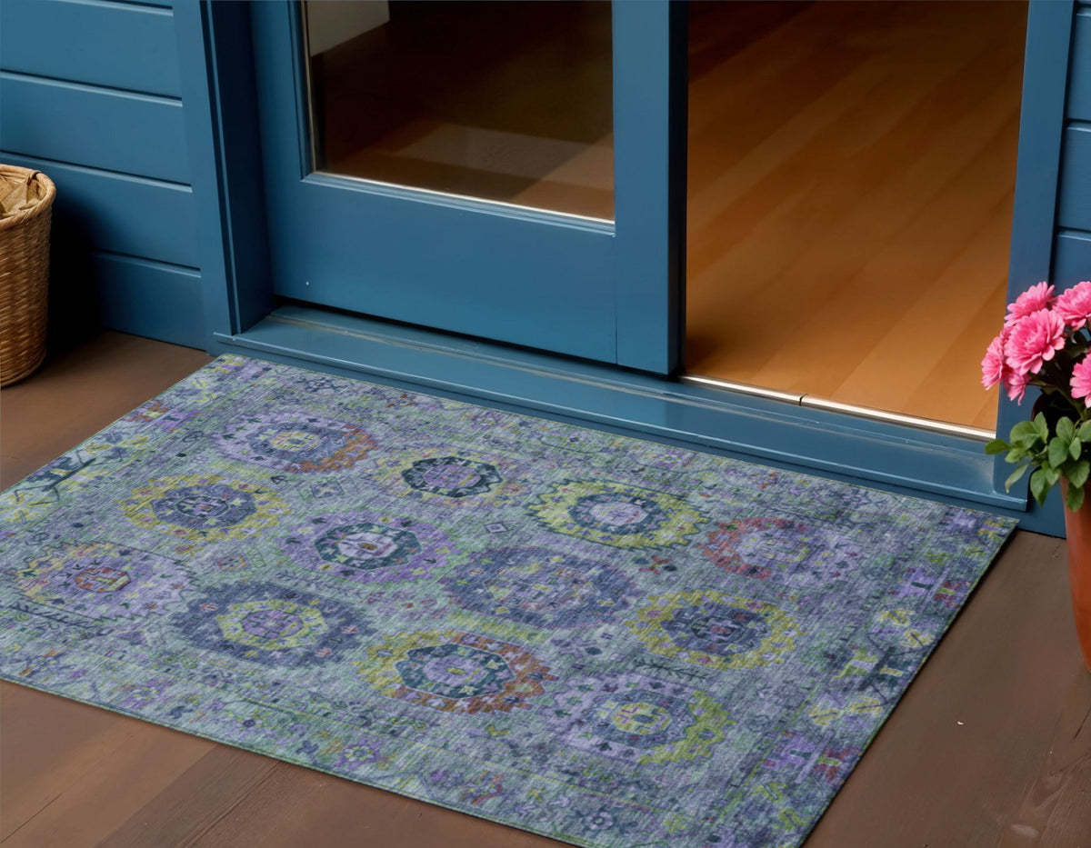 3 X 5 Green Blue And Purple Medallion Washable Indoor Outdoor Area Rug