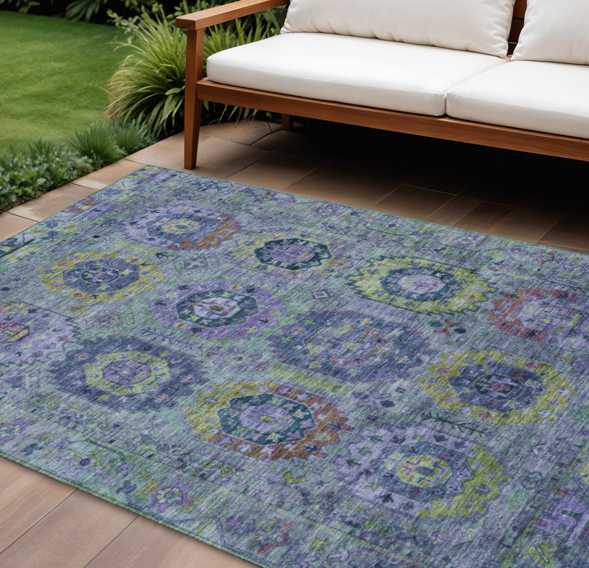 8 X 10 Green Blue And Purple Medallion Washable Indoor Outdoor Area Rug
