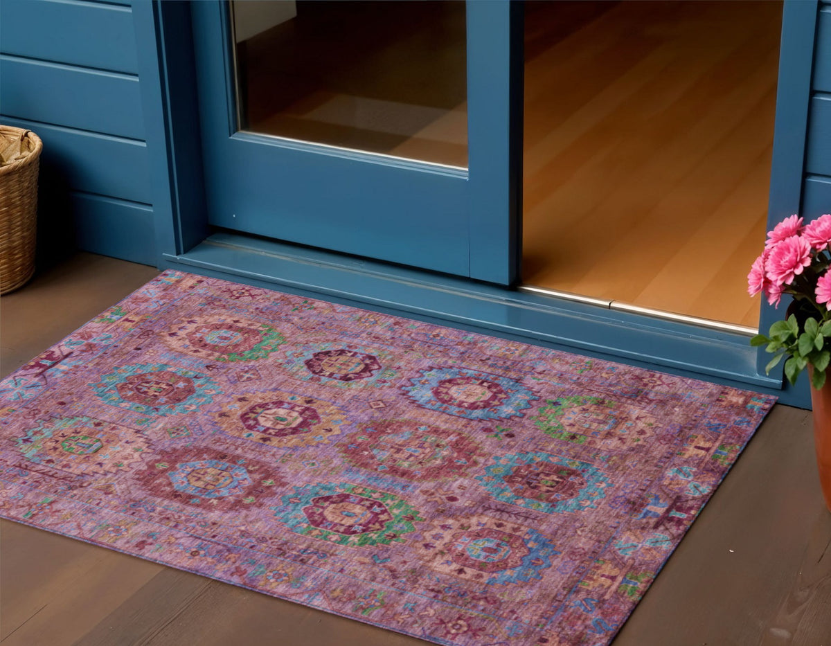 3 X 5 Pink Green And Mauve Medallion Washable Indoor Outdoor Area Rug