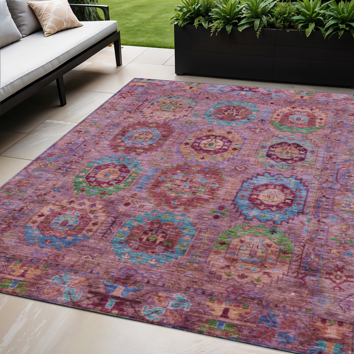 5 X 8 Pink Green And Mauve Medallion Washable Indoor Outdoor Area Rug