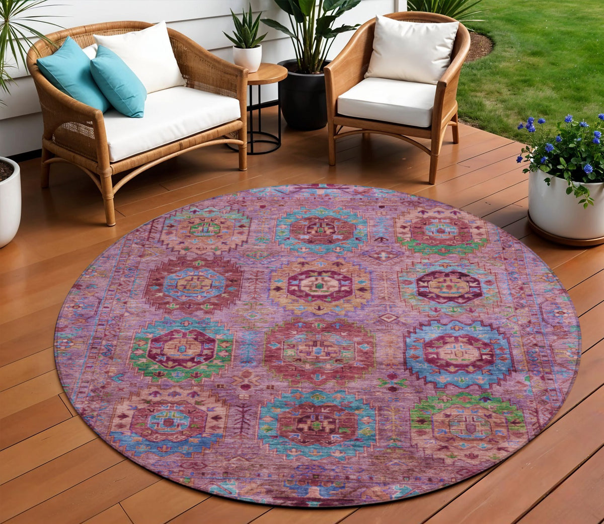 8 Pink Green And Mauve Round Medallion Washable Indoor Outdoor Area Rug