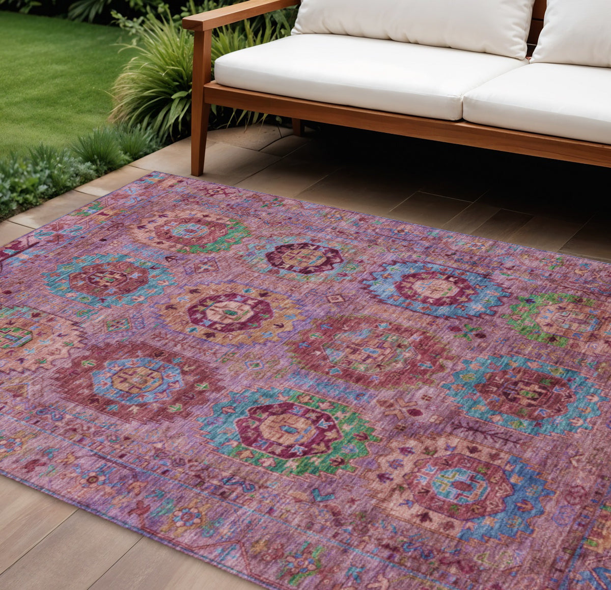 8 X 10 Pink Green And Mauve Medallion Washable Indoor Outdoor Area Rug