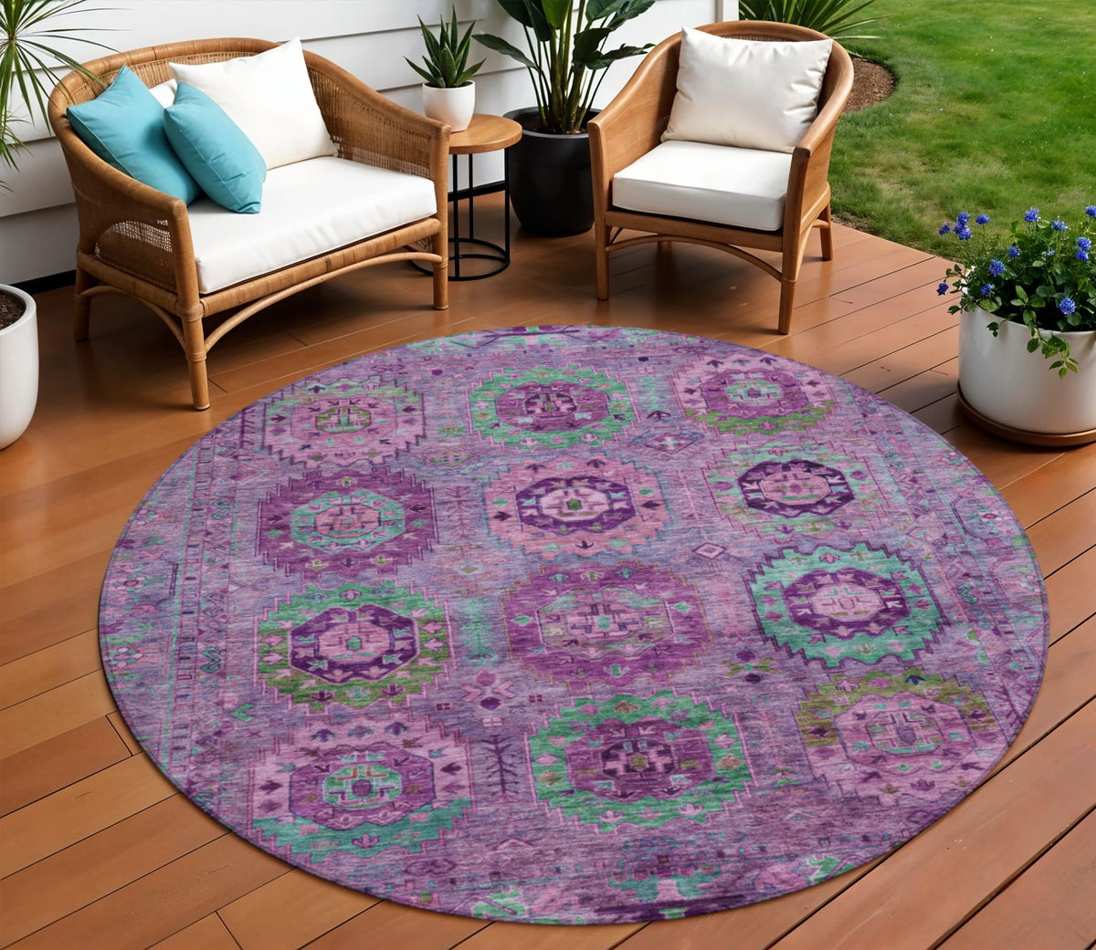 8 Purple Teal Blue And Green Round Medallion Washable Indoor Outdoor Area Rug