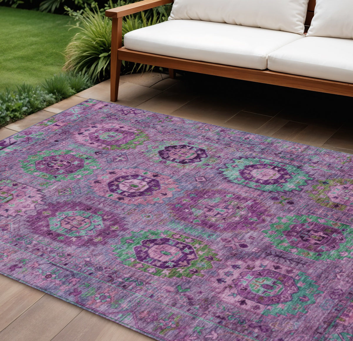 10 X 14 Purple Teal Blue And Green Medallion Washable Indoor Outdoor Area Rug