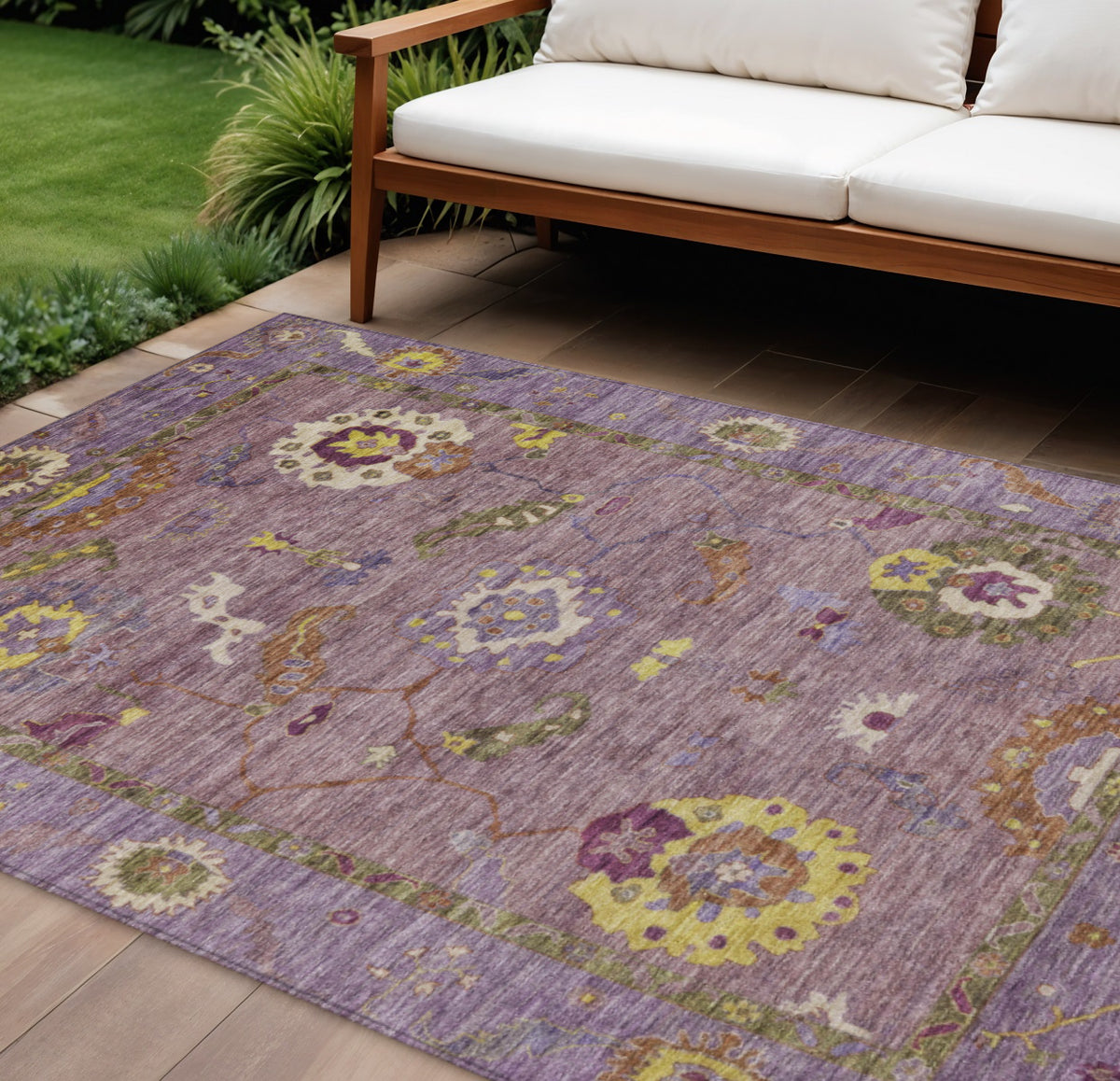 9 X 12 Merlot Plum And Gold Floral Medallion Washable Indoor Outdoor Area Rug