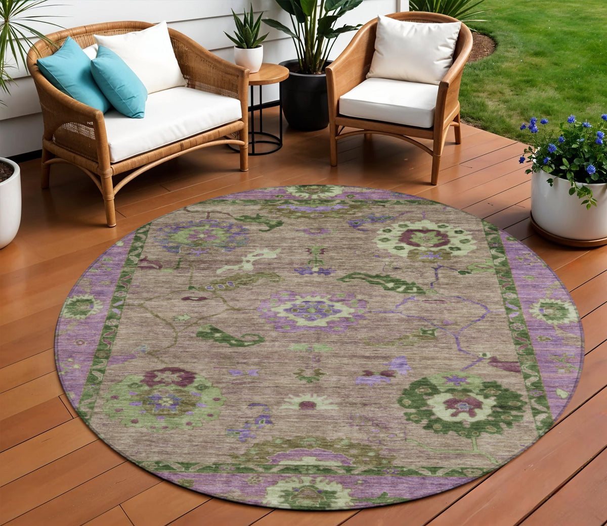 8 Brown Lavender And Ivory Round Floral Medallion Washable Indoor Outdoor Area Rug