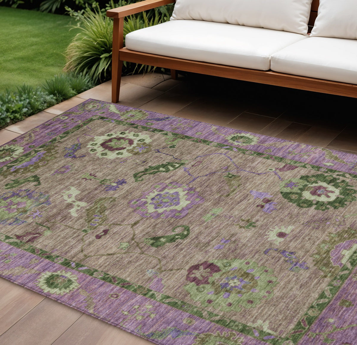 9 X 12 Brown Lavender And Ivory Floral Medallion Washable Indoor Outdoor Area Rug