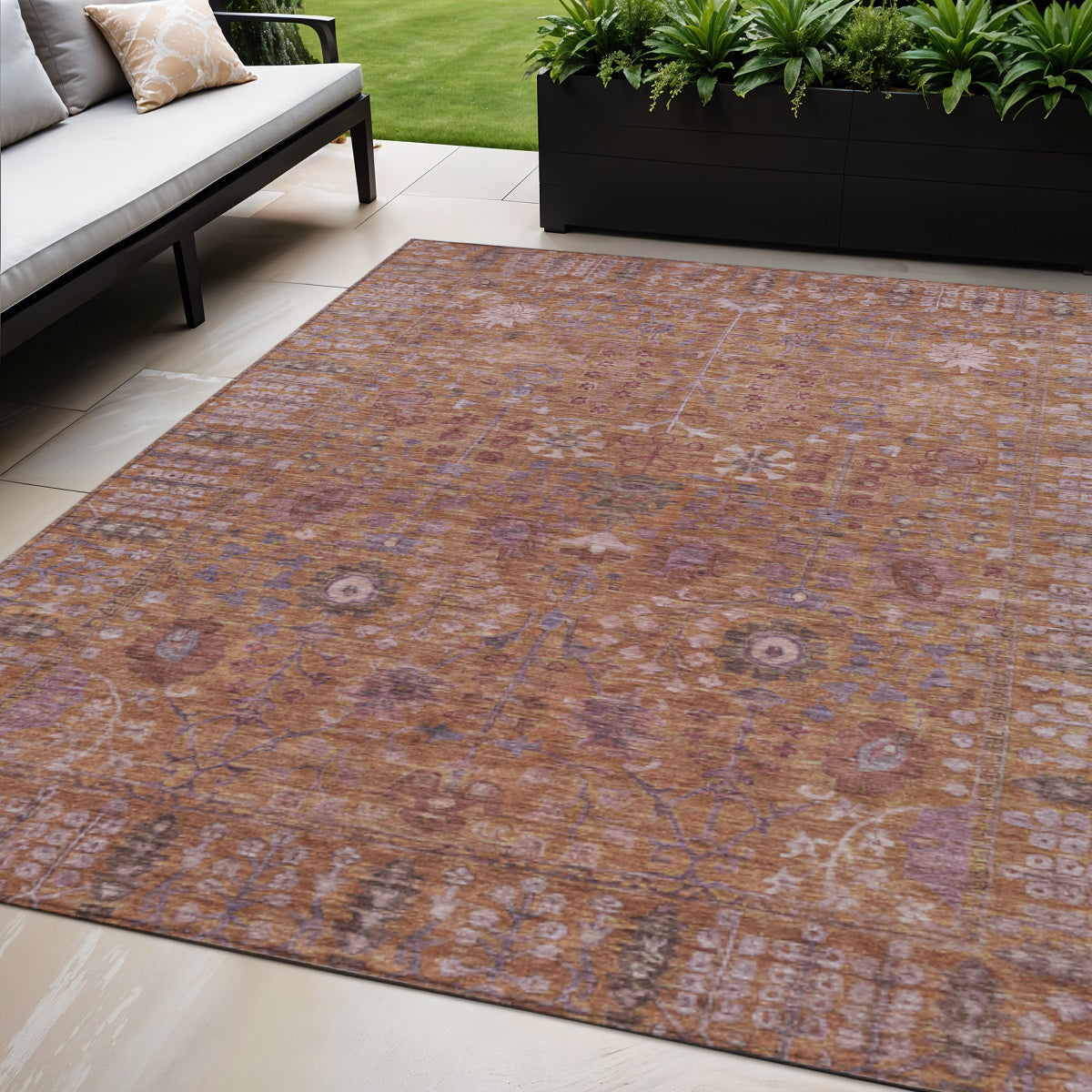 5 X 8 Copper And Purple Floral Washable Indoor Outdoor Area Rug
