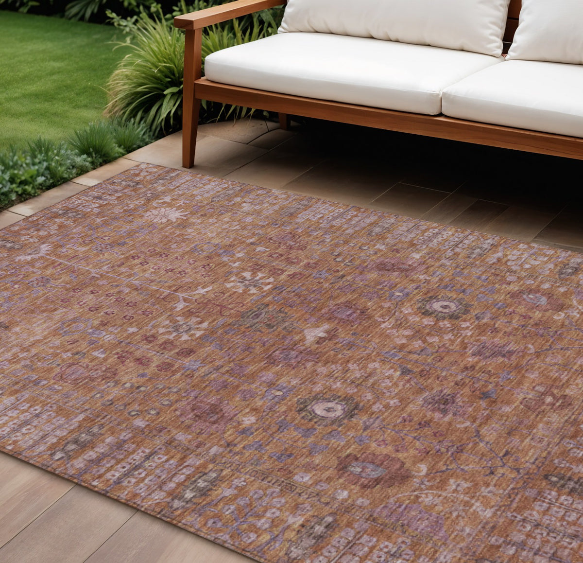 8 X 10 Copper And Purple Floral Washable Indoor Outdoor Area Rug