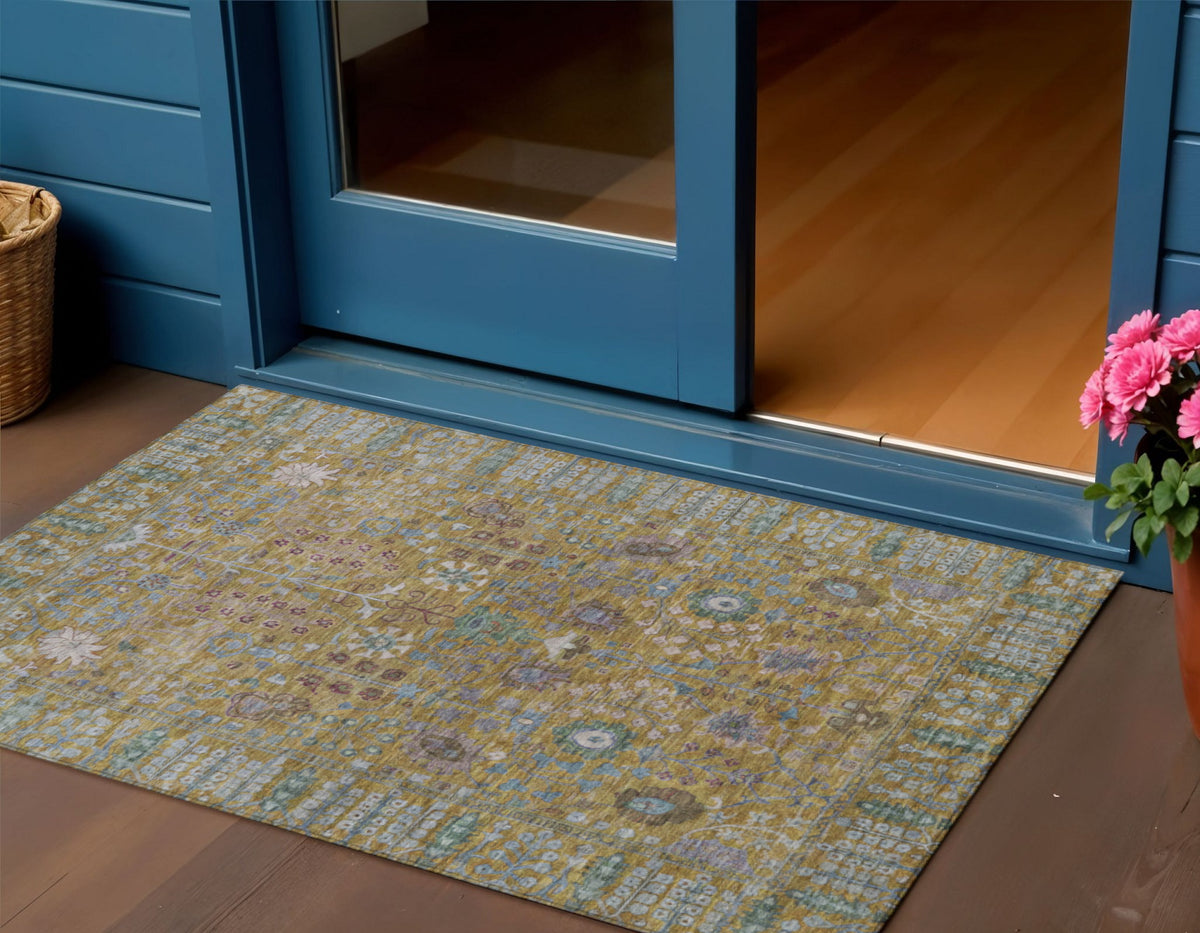 3 X 5 Gold And Green Floral Washable Indoor Outdoor Area Rug