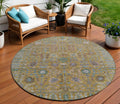 8 Gold And Green Round Floral Washable Indoor Outdoor Area Rug