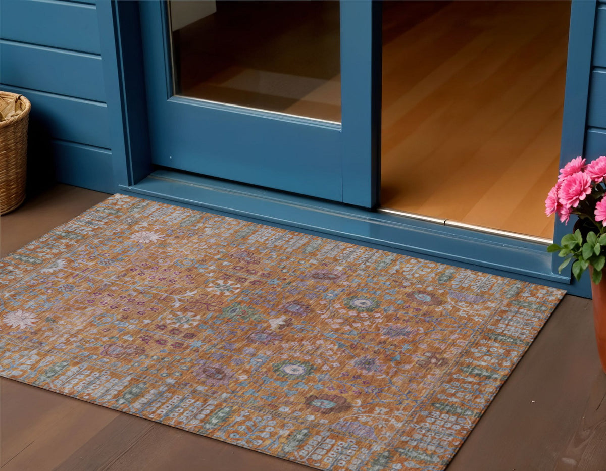 3 X 5 Orange And Green Floral Washable Indoor Outdoor Area Rug