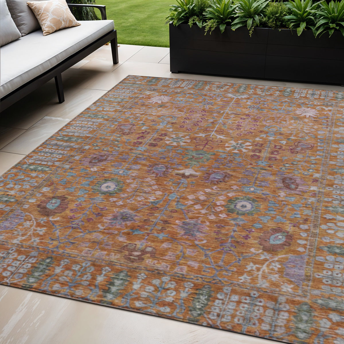 5 X 8 Orange And Green Floral Washable Indoor Outdoor Area Rug