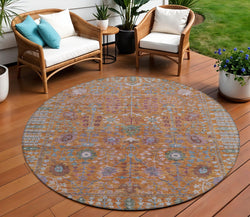 8 Orange And Green Round Floral Washable Indoor Outdoor Area Rug