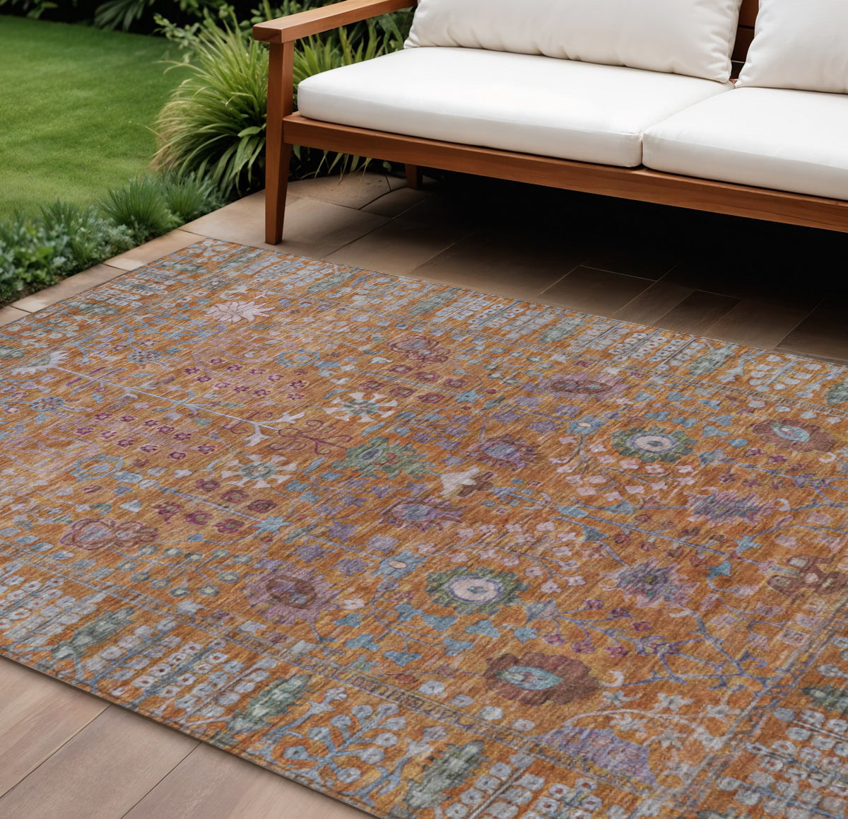 10 X 14 Orange And Green Floral Washable Indoor Outdoor Area Rug
