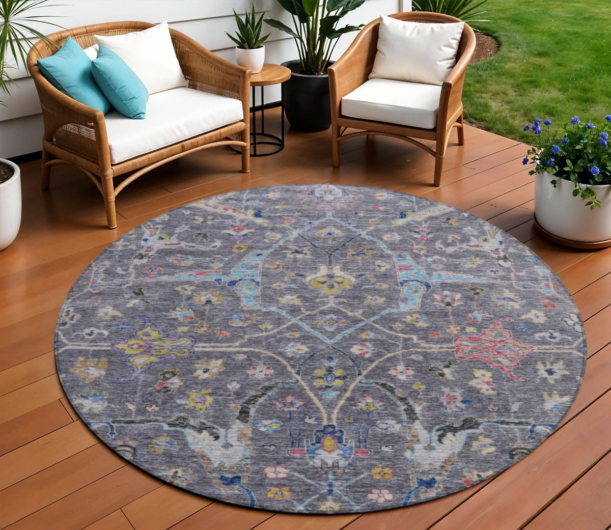 8 Gray Gold And Red Round Floral Washable Indoor Outdoor Area Rug