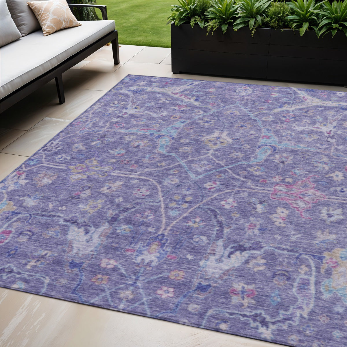 5 X 8 Purple Sky Blue And Silver Floral Washable Indoor Outdoor Area Rug