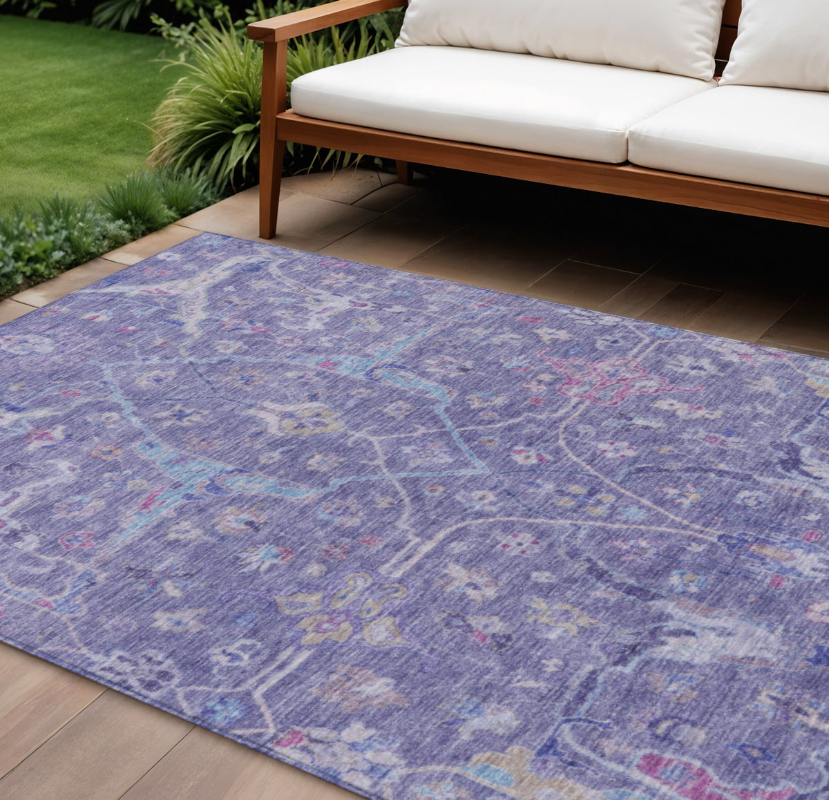 9 X 12 Purple Sky Blue And Silver Floral Washable Indoor Outdoor Area Rug