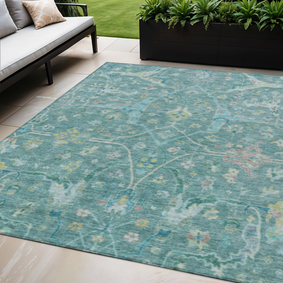5 X 8 Teal Blue And Lime Green Floral Washable Indoor Outdoor Area Rug