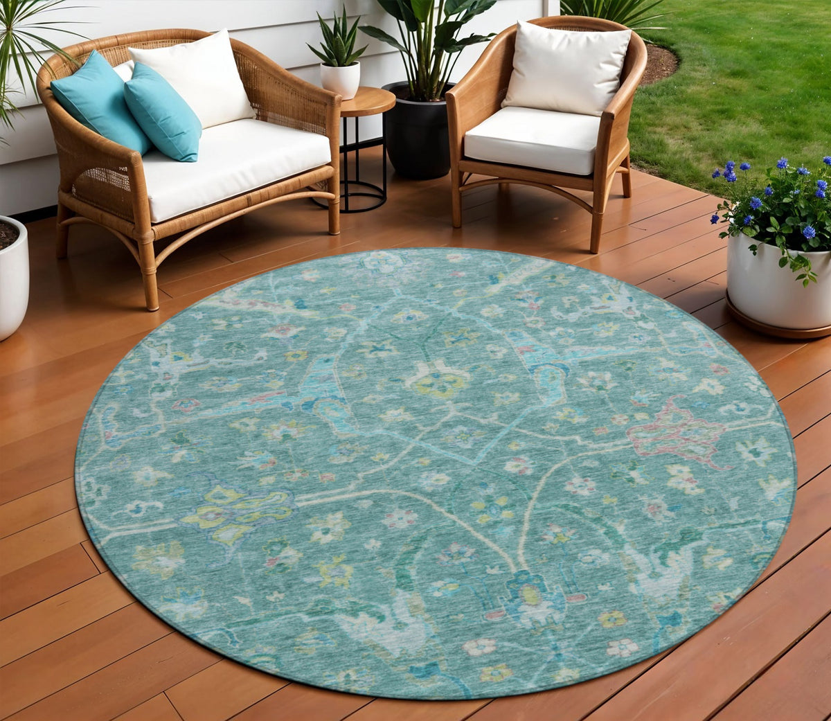 8 Teal Blue And Lime Green Round Floral Washable Indoor Outdoor Area Rug