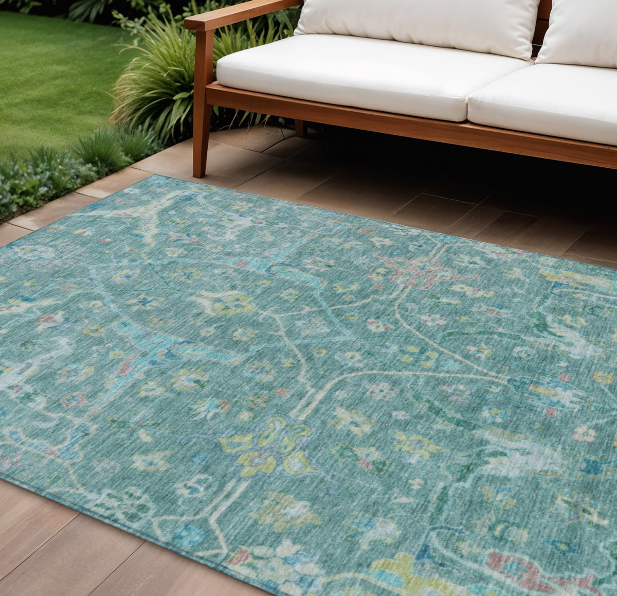 8 X 10 Teal Blue And Lime Green Floral Washable Indoor Outdoor Area Rug