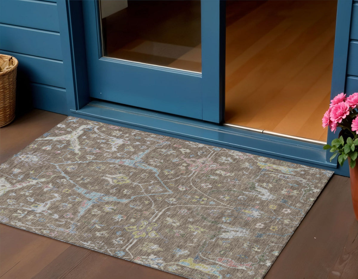 3 X 5 Brown Blue And Ivory Floral Washable Indoor Outdoor Area Rug