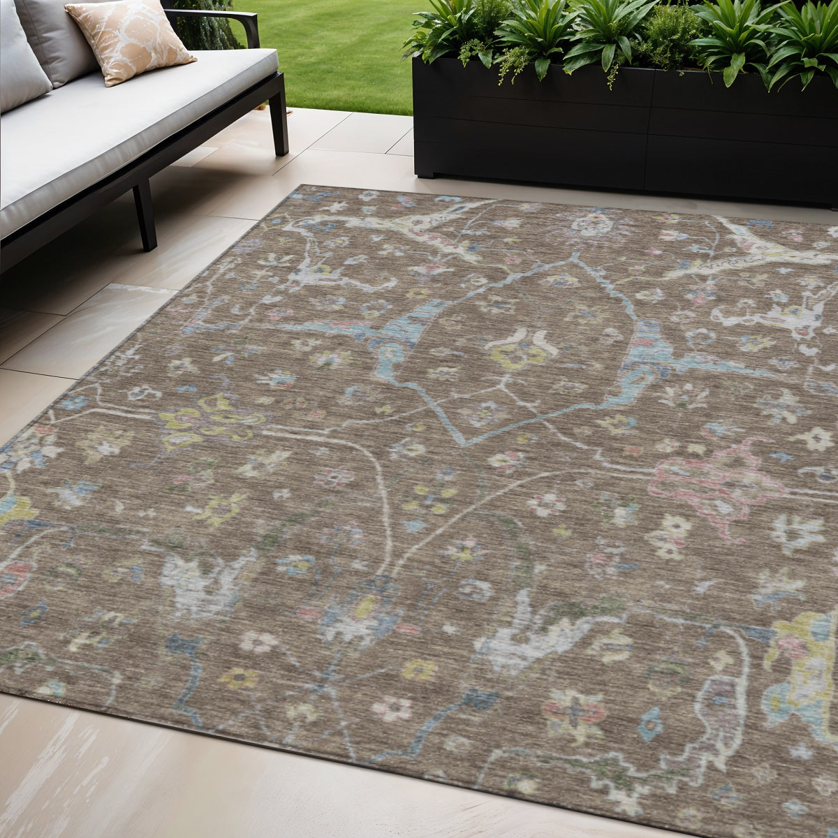 5 X 8 Brown Blue And Ivory Floral Washable Indoor Outdoor Area Rug