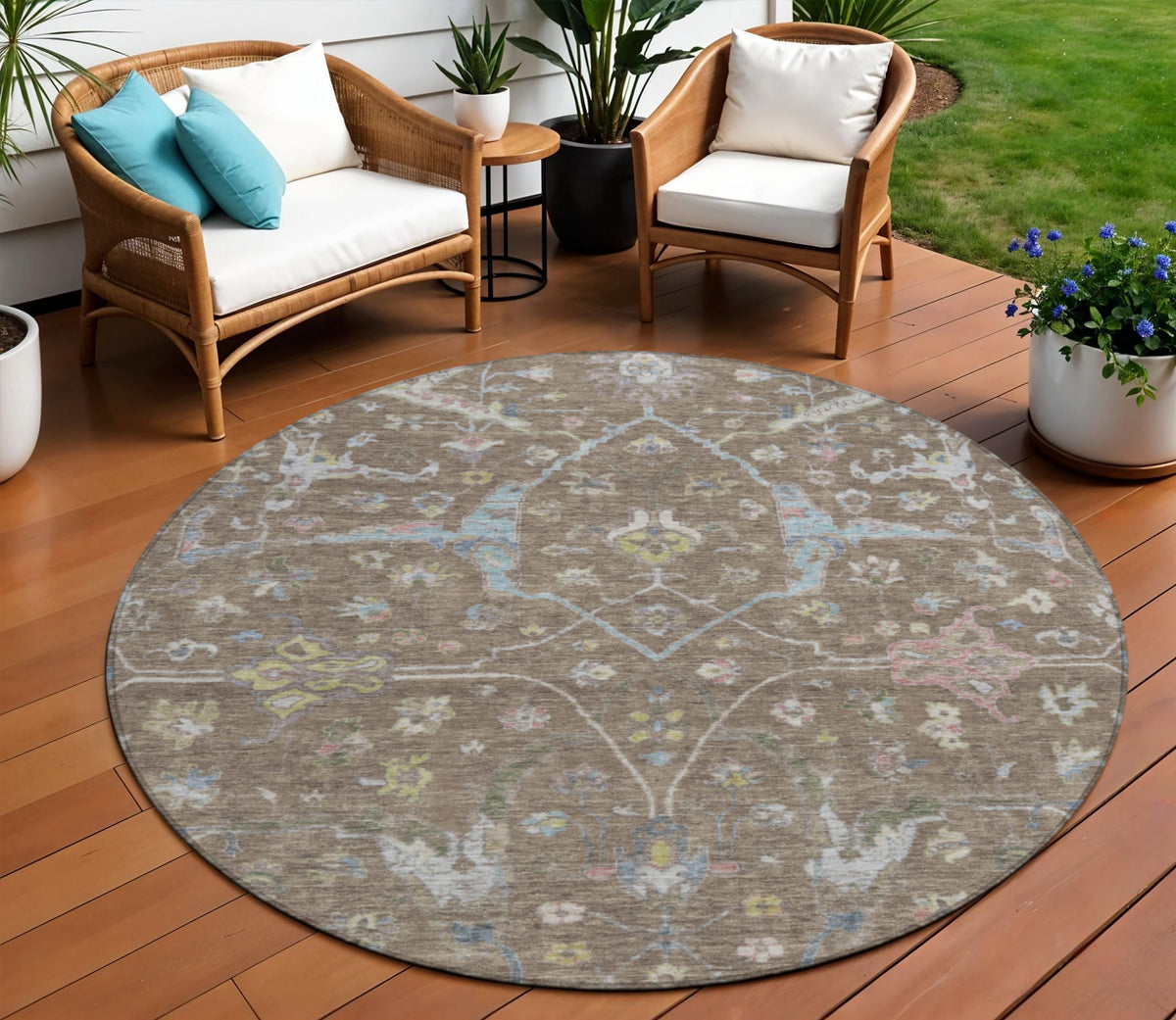 8 Brown Blue And Ivory Round Floral Washable Indoor Outdoor Area Rug