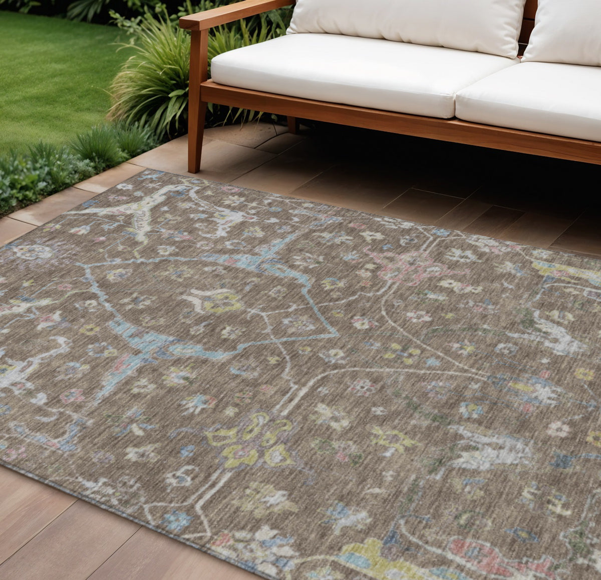 8 X 10 Brown Blue And Ivory Floral Washable Indoor Outdoor Area Rug