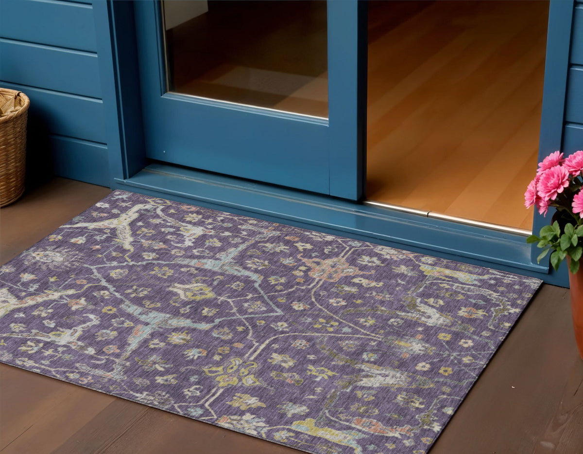 3 X 5 Eggplant Beige And Gold Floral Washable Indoor Outdoor Area Rug