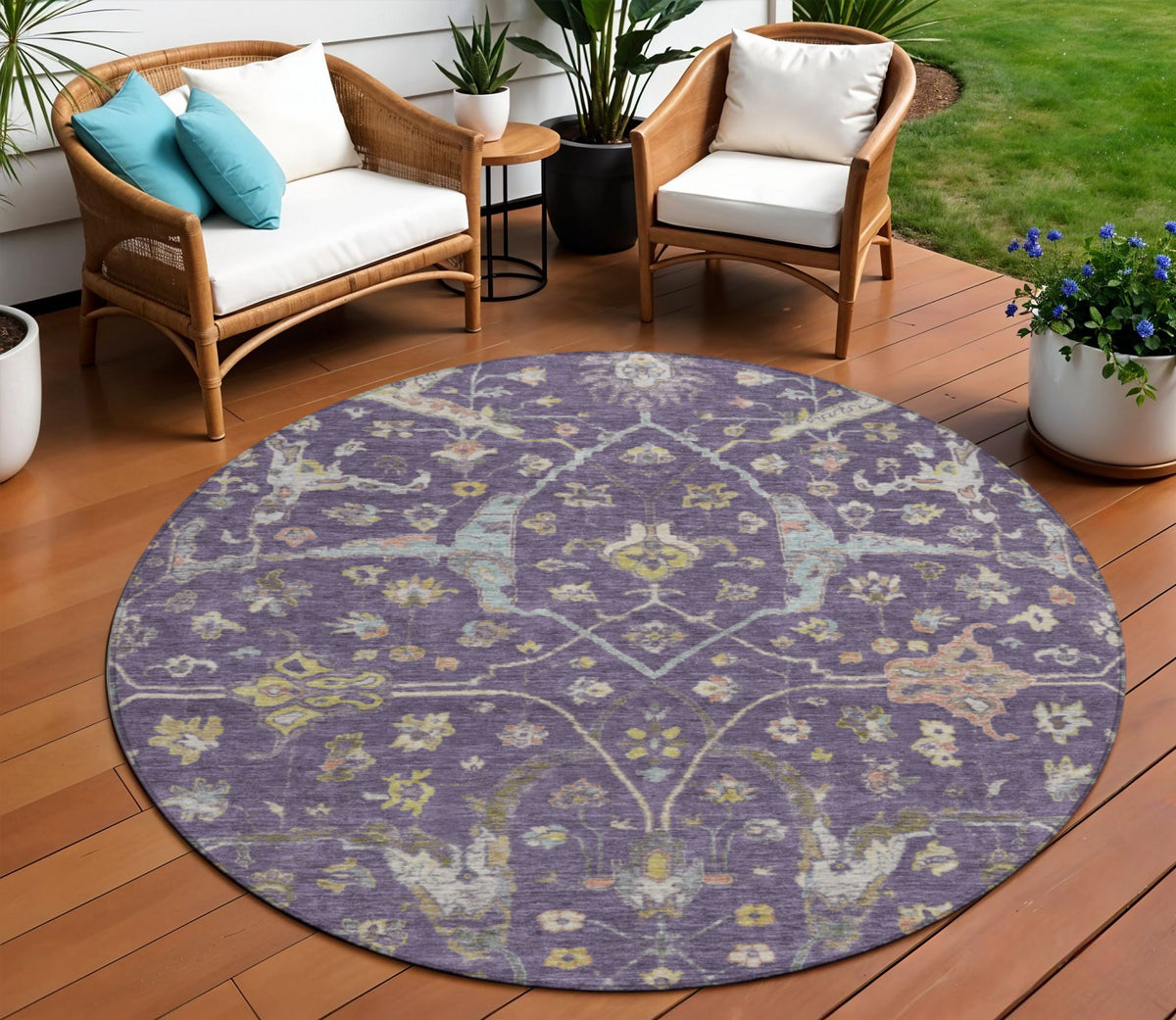 8 Eggplant Beige And Gold Round Floral Washable Indoor Outdoor Area Rug