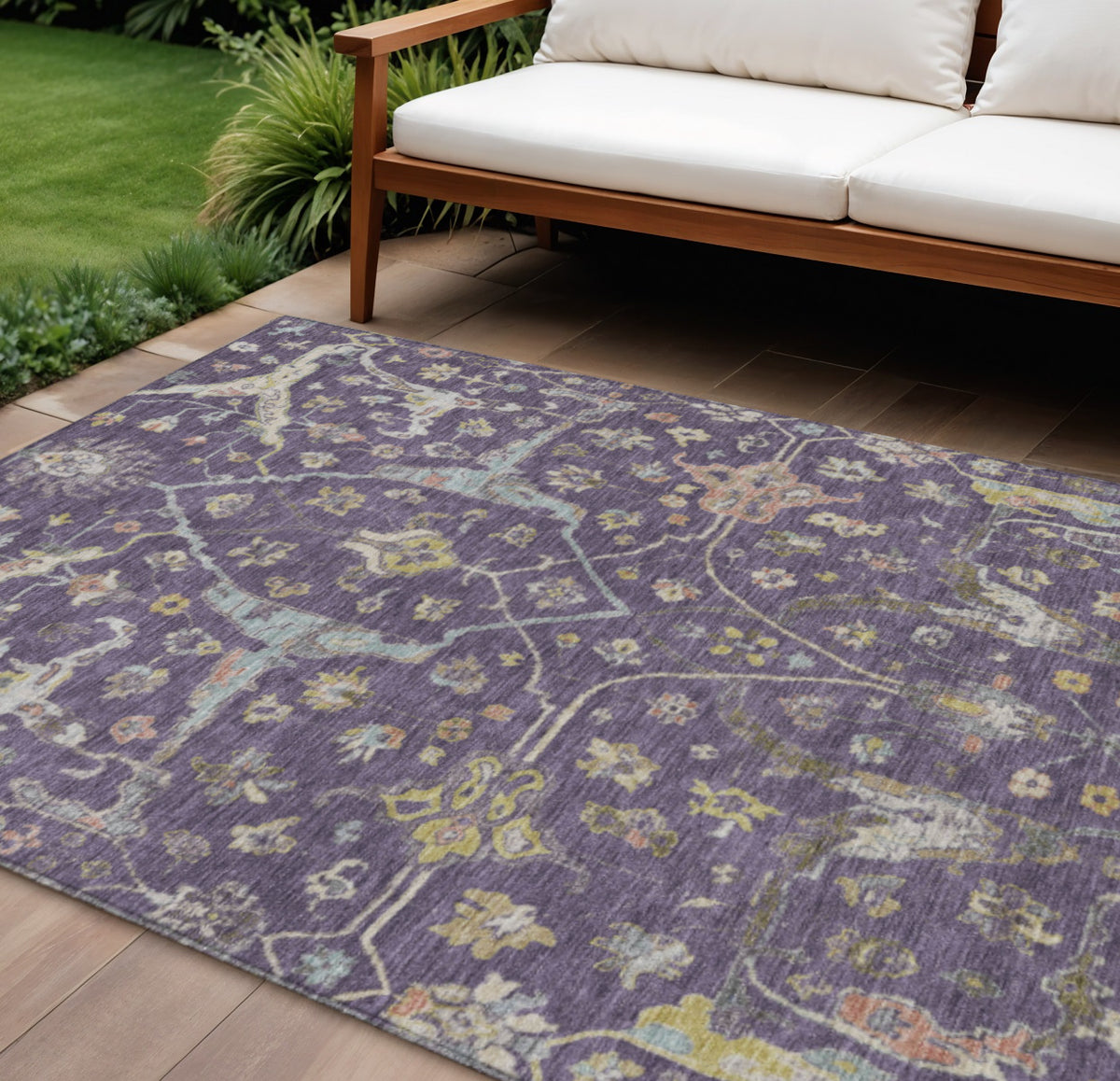 8 X 10 Eggplant Beige And Gold Floral Washable Indoor Outdoor Area Rug