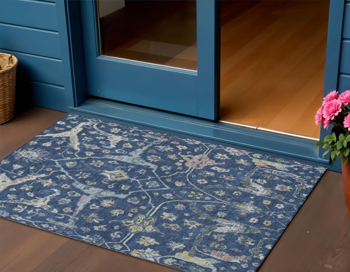 3 X 5 Navy Blue Gold And Ivory Floral Washable Indoor Outdoor Area Rug